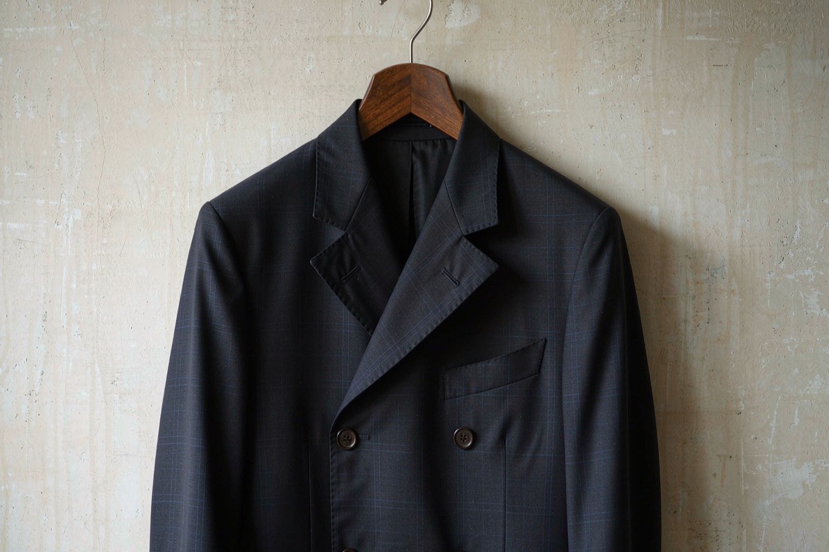 A navy blazer on a hanger, front view showing the shoulder seams and buttoned front